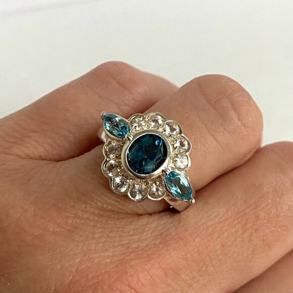 Sterling Silver 925 Blue White Topaz Multi Gemstone Stone Floral Ring Sz 6.75